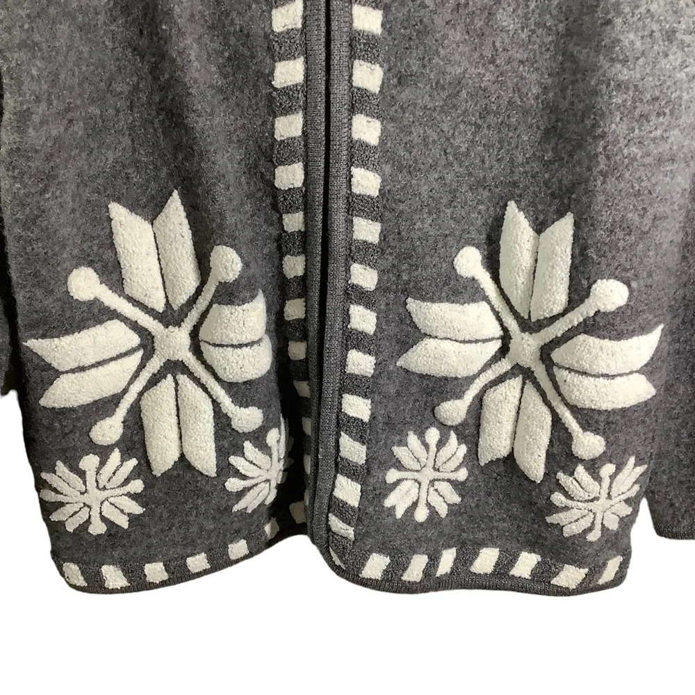 Laura Leigh Ltd. Grey Boiled Wool Zip Up Sweater Snowflakes